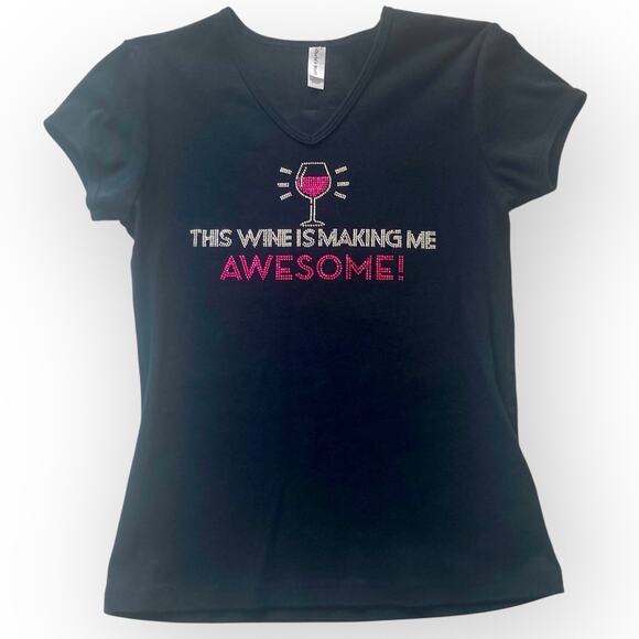 Women’s black rhinestone wine tee, short sleeve embellished graphic T-shirt - Picture 6 of 6